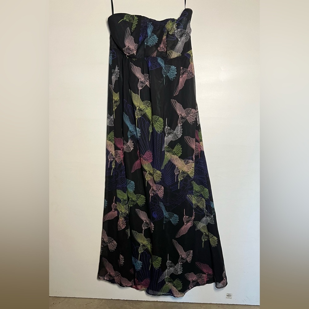 Elegant Black Maxi Dress with Colorful Bird Print